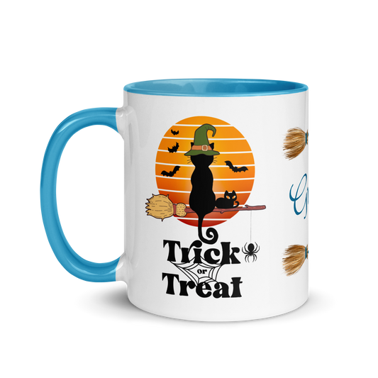 Personalized Coffee Mug 11oz | Trick or Traeat Black Cat Broom Border