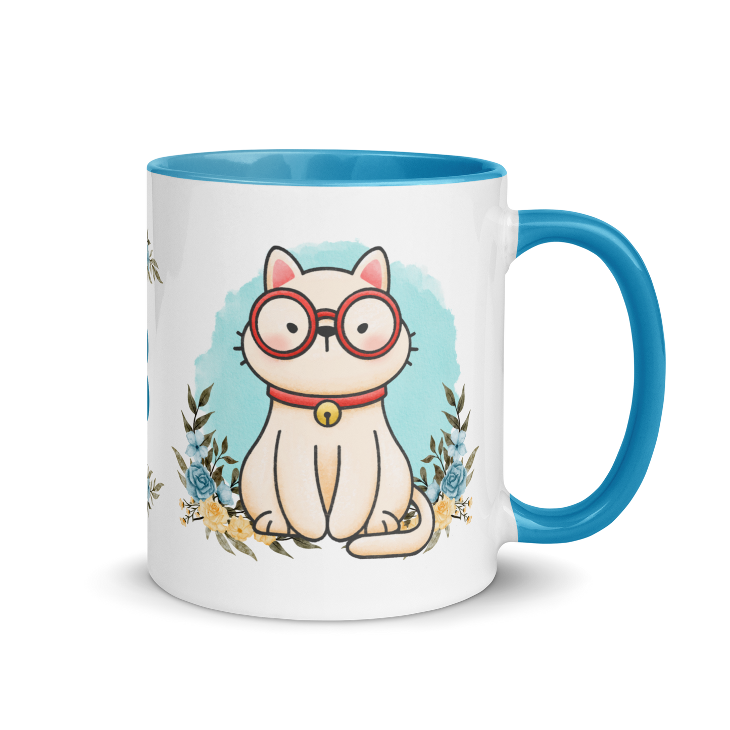 Monogramed Coffee Mug 11oz | Cute Cat Wearing Glasses Floral Themed