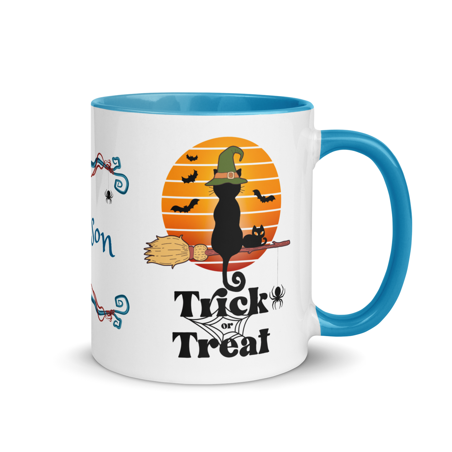 Add Your Name Coffee Mug 11oz | Trick or Treat Black Cat Broom Border