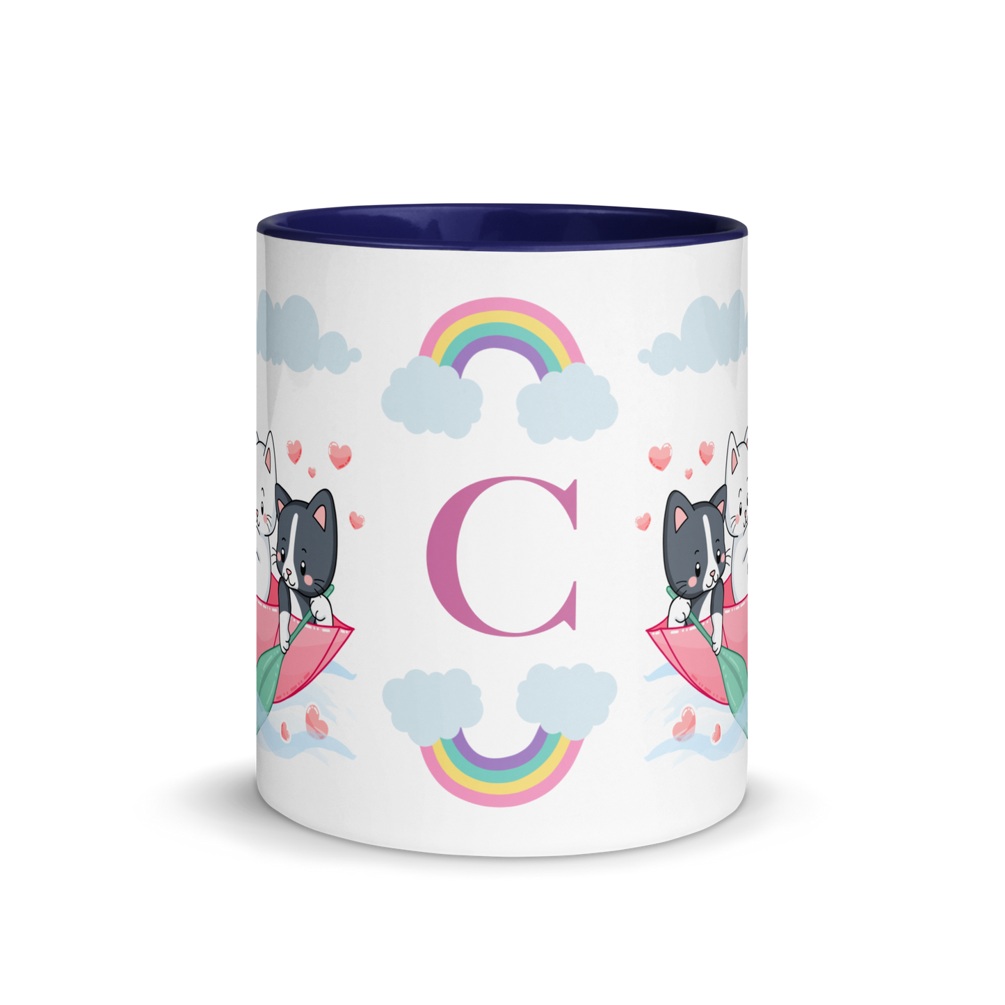 Monogramed Mug 11oz | Cats in the Umbrella Boat with Hearts