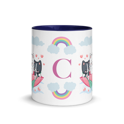 Personalized Monogram Mug 11oz | Cats in the Umbrella Boat with Hearts