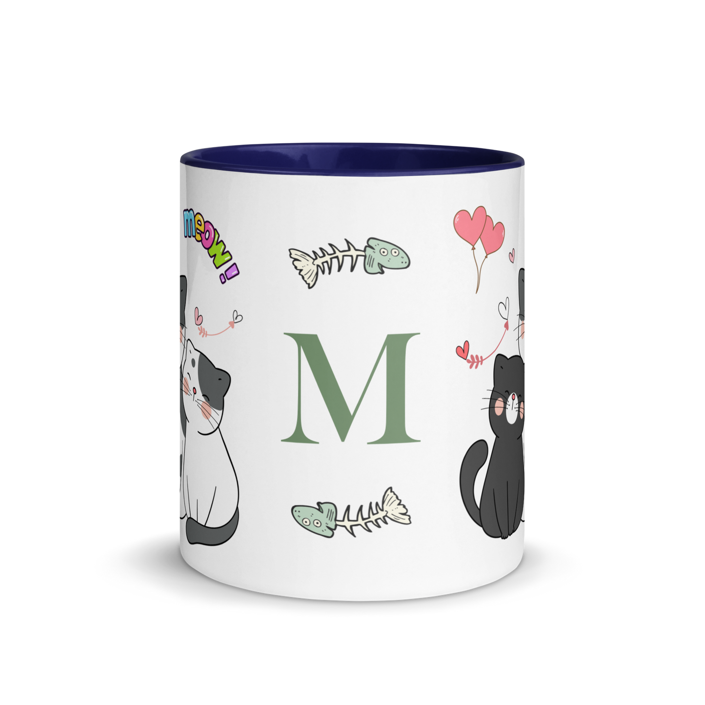 Monogramed Mug 11oz | Adorable Cats Meow Hearts Themed