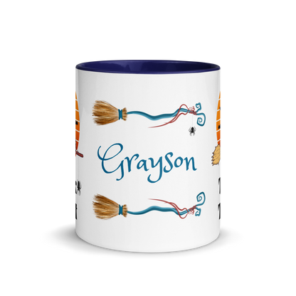 Personalized Coffee Mug 11oz | Trick or Traeat Black Cat Broom Border