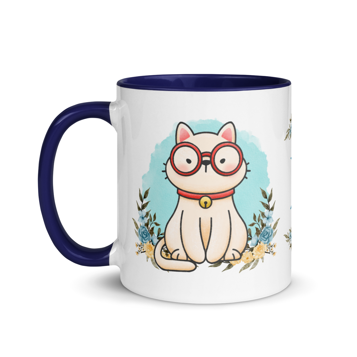 Monogramed Coffee Mug 11oz | Cute Cat Wearing Glasses Floral Themed