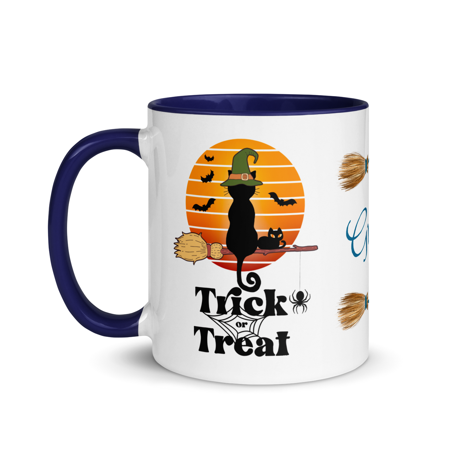 Add Your Name Coffee Mug 11oz | Trick or Treat Black Cat Broom Border