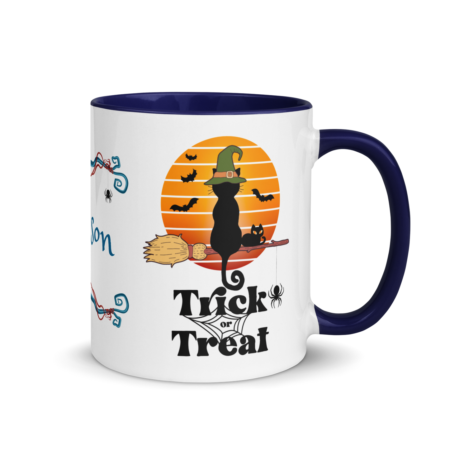 Add Your Name Coffee Mug 11oz | Trick or Treat Black Cat Broom Border