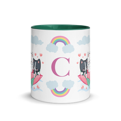 Personalized Monogram Mug 11oz | Cats in the Umbrella Boat with Hearts