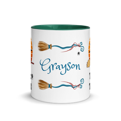 Personalized Coffee Mug 11oz | Trick or Traeat Black Cat Broom Border