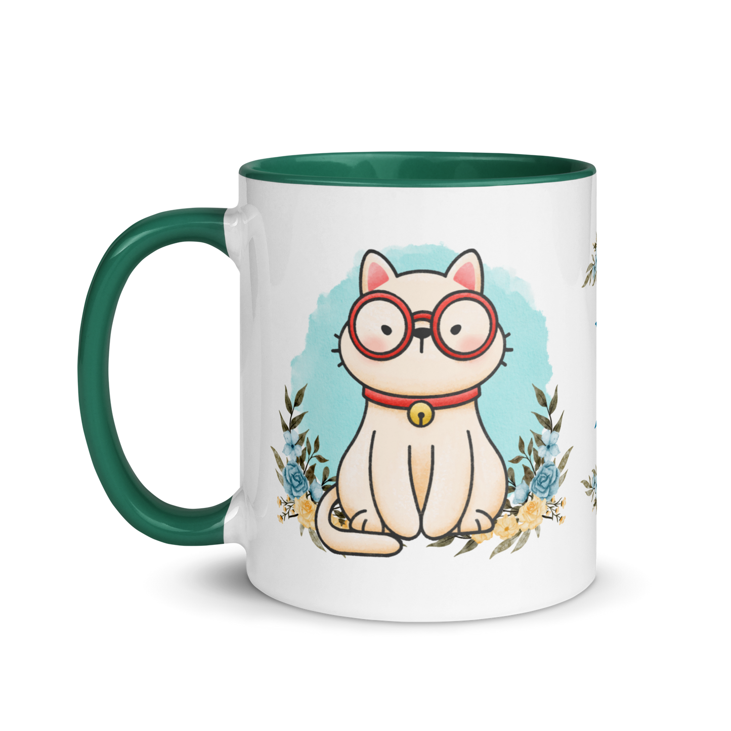 Monogramed Coffee Mug 11oz | Cute Cat Wearing Glasses Floral Themed