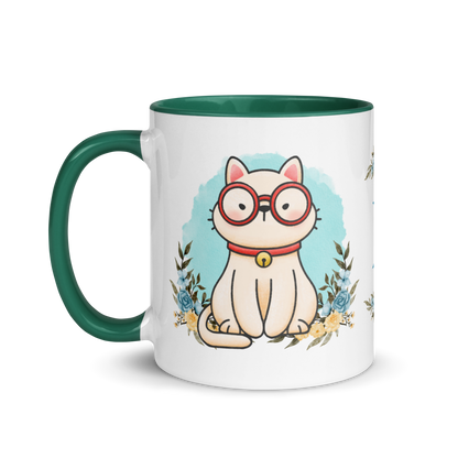 Personalized Monogram Mug 11oz | Cute Cat Wearing Glasses Floral Themed