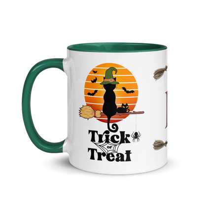 Personalized Monogram Coffee Mug 11oz | Trick or Treat Black Cat With Green Hat