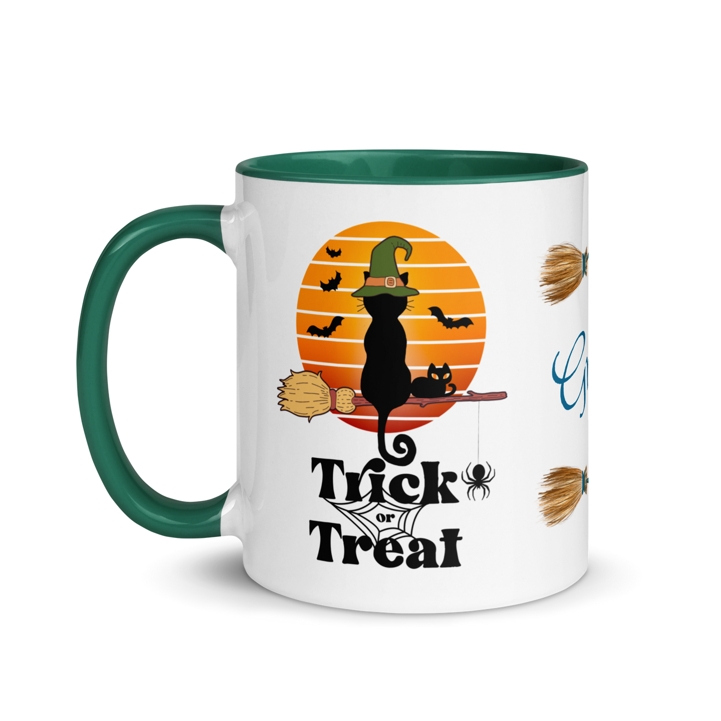 Add Your Name Coffee Mug 11oz | Trick or Treat Black Cat Broom Border