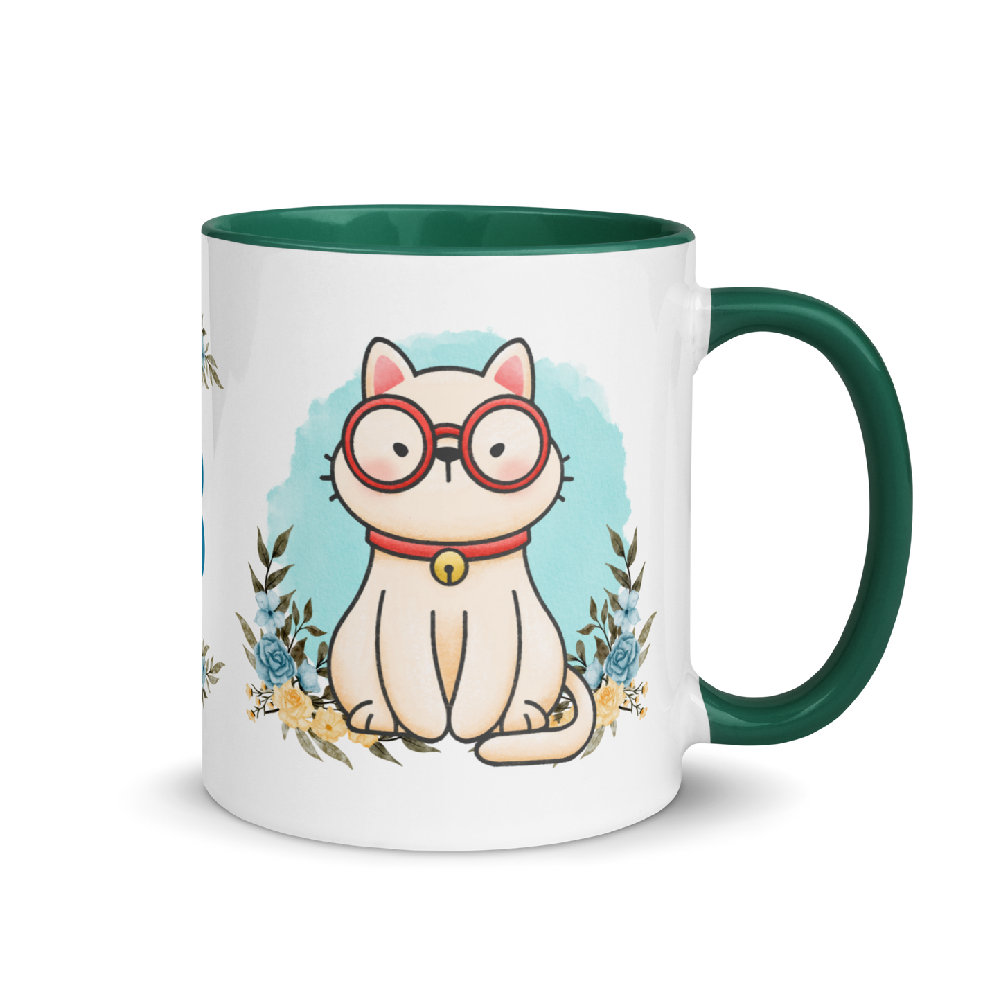 Monogramed Coffee Mug 11oz | Cute Cat Wearing Glasses Floral Themed