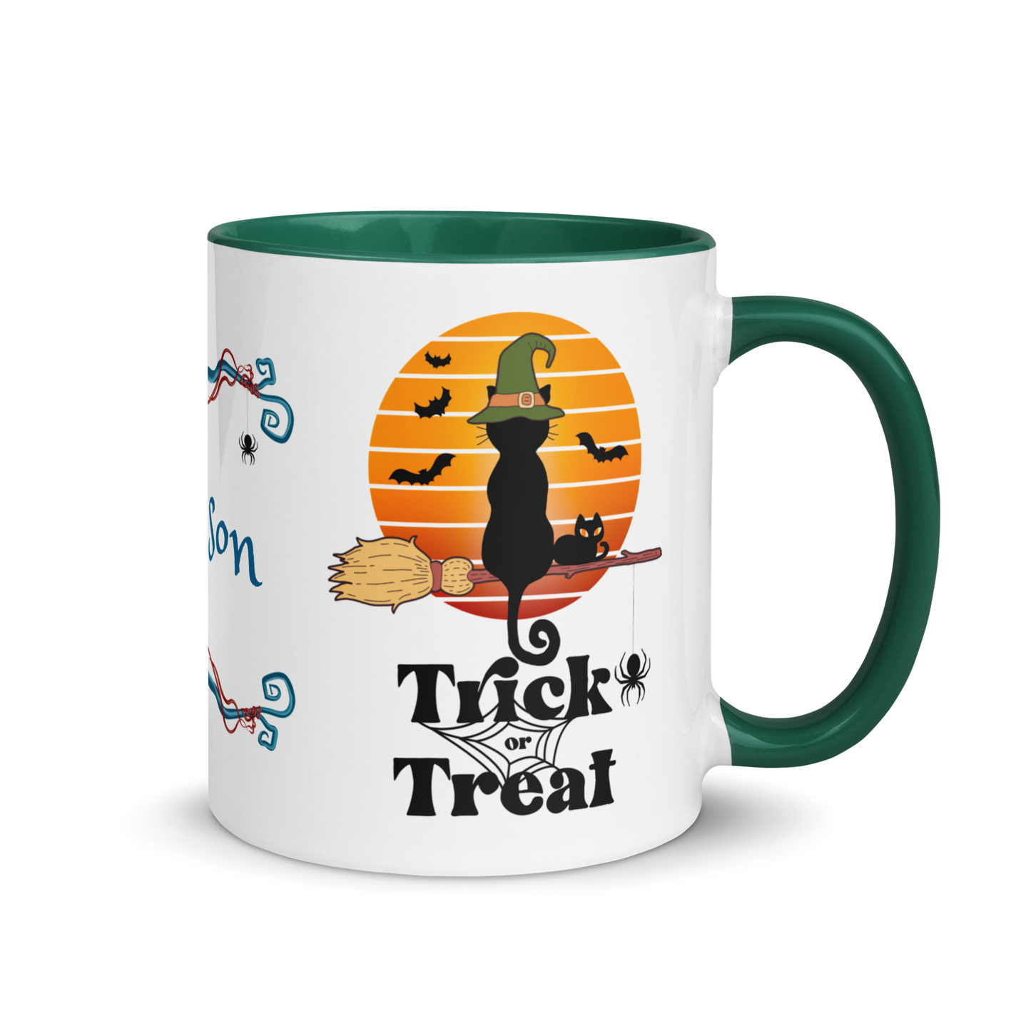 Add Your Name Coffee Mug 11oz | Trick or Treat Black Cat Broom Border