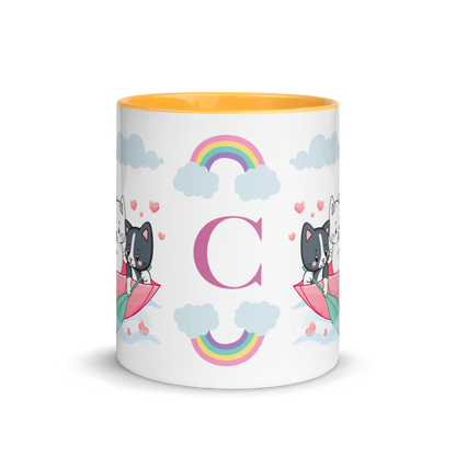 Personalized Monogram Mug 11oz | Cats in the Umbrella Boat with Hearts