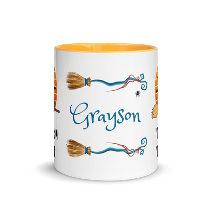 Personalized Coffee Mug 11oz | Trick or Traeat Black Cat Broom Border