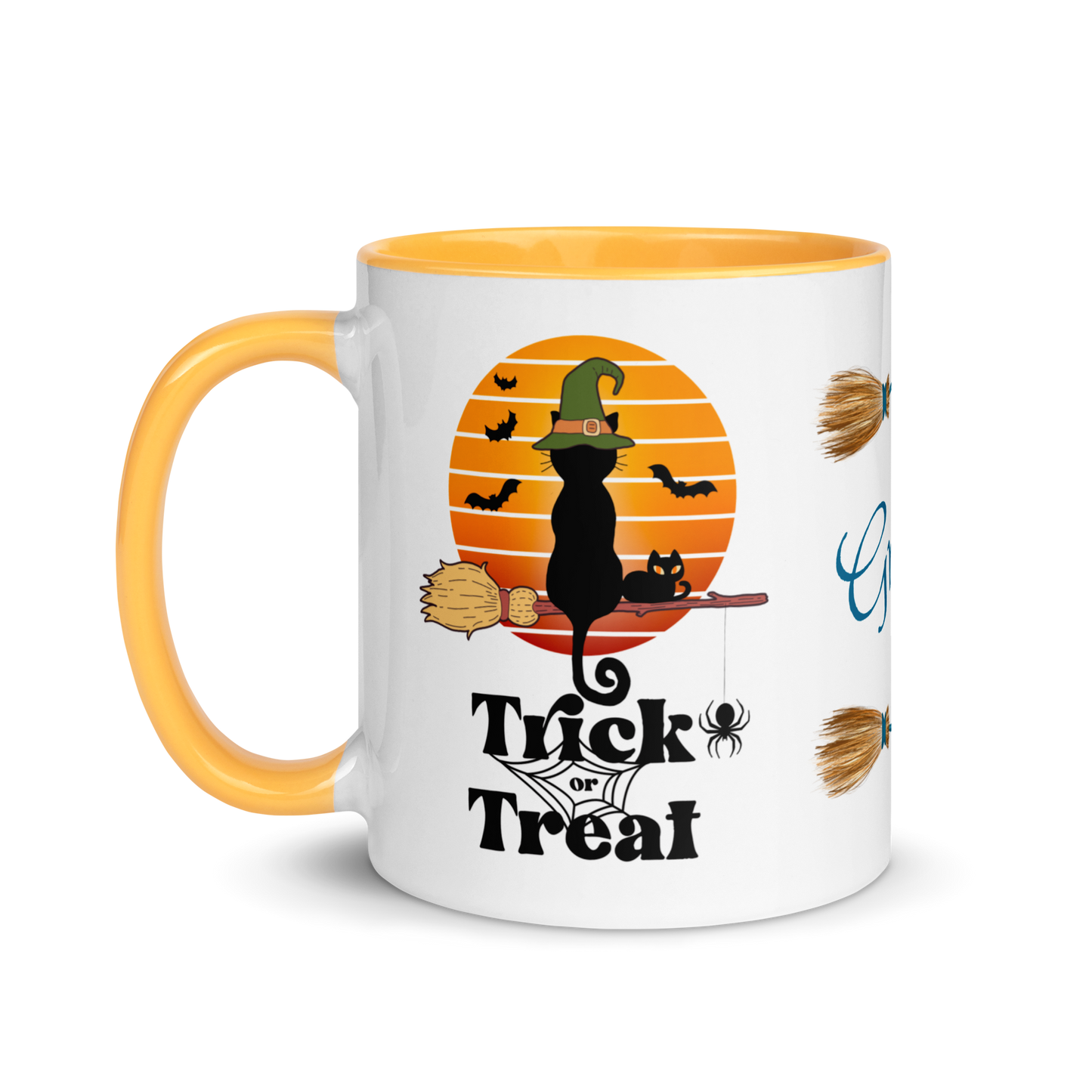 Add Your Name Coffee Mug 11oz | Trick or Treat Black Cat Broom Border