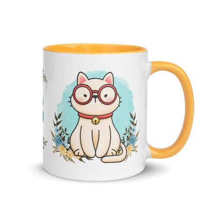 Personalized Monogram Mug 11oz | Cute Cat Wearing Glasses Floral Themed