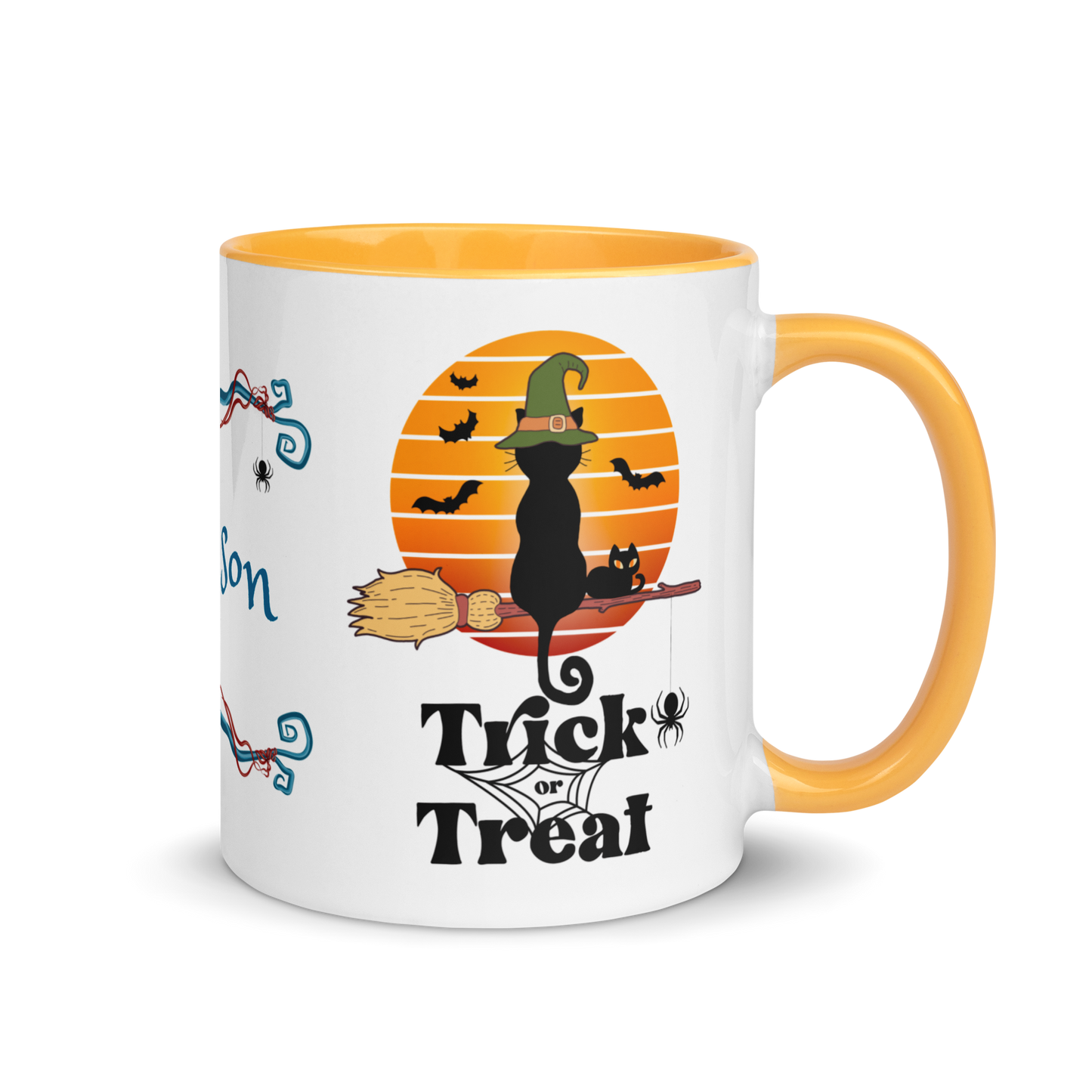 Add Your Name Coffee Mug 11oz | Trick or Treat Black Cat Broom Border