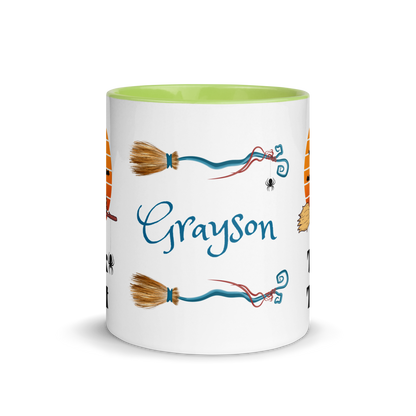 Personalized Coffee Mug 11oz | Trick or Traeat Black Cat Broom Border