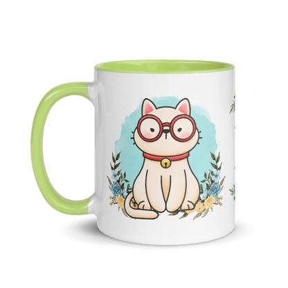 Personalized Monogram Mug 11oz | Cute Cat Wearing Glasses Floral Themed