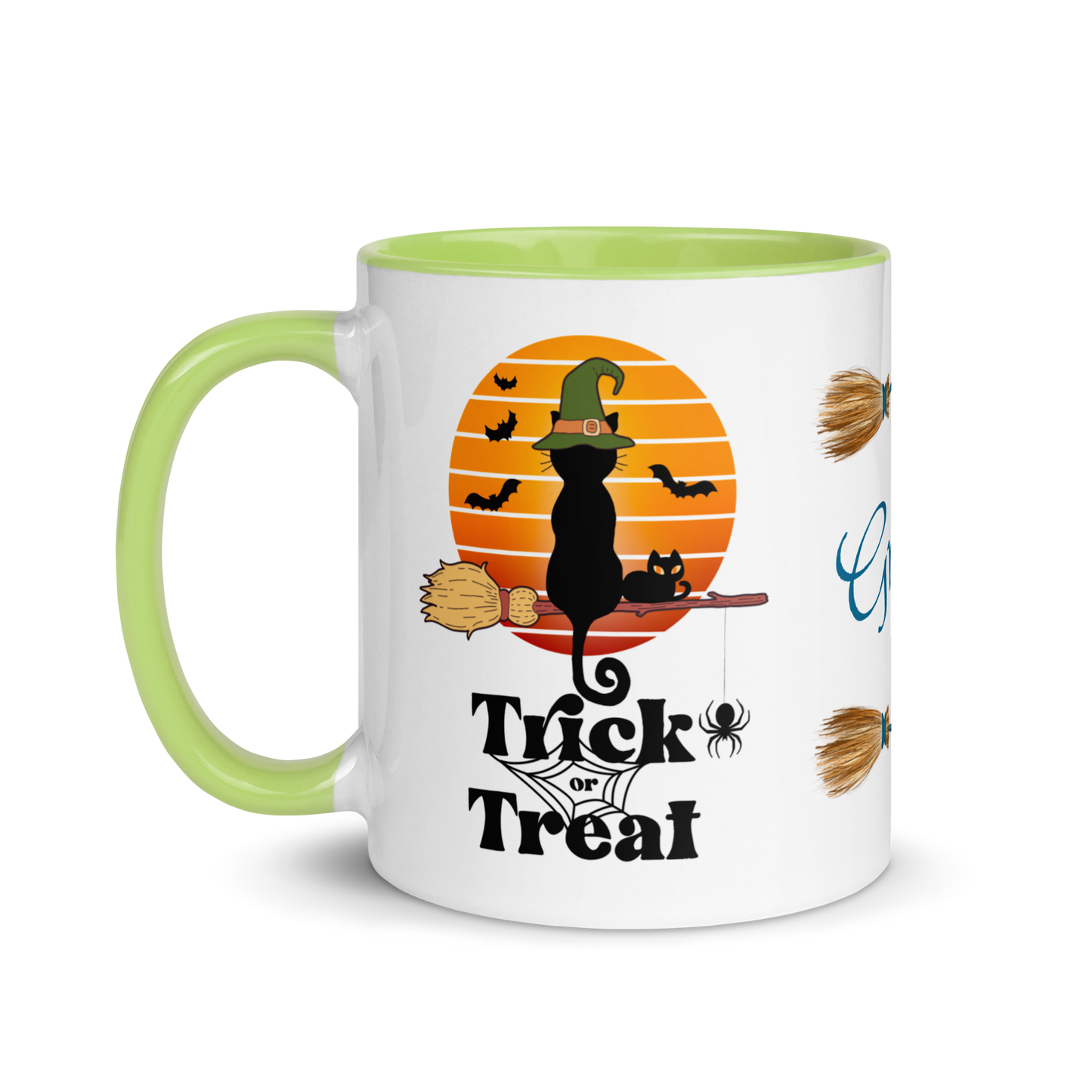 Add Your Name Coffee Mug 11oz | Trick or Treat Black Cat Broom Border