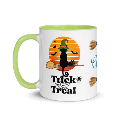 Personalized Coffee Mug 11oz | Trick or Traeat Black Cat Broom Border
