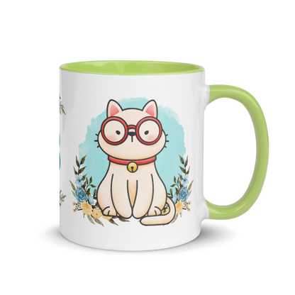 Personalized Monogram Mug 11oz | Cute Cat Wearing Glasses Floral Themed