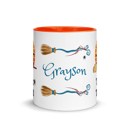 Personalized Coffee Mug 11oz | Trick or Traeat Black Cat Broom Border