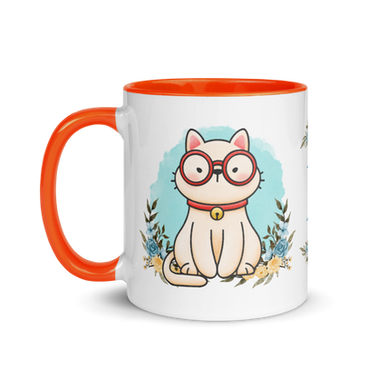 Personalized Monogram Mug 11oz | Cute Cat Wearing Glasses Floral Themed