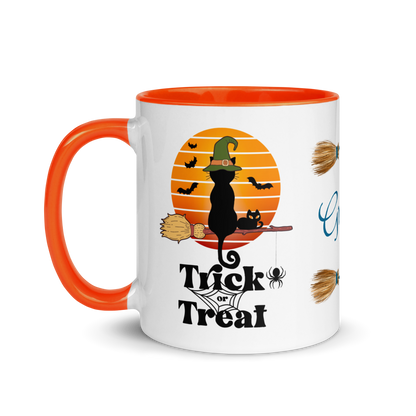 Personalized Coffee Mug 11oz | Trick or Traeat Black Cat Broom Border