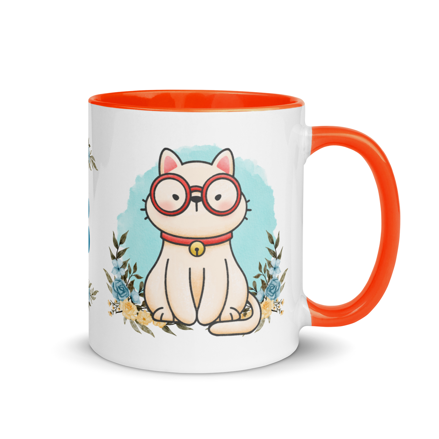 Monogramed Coffee Mug 11oz | Cute Cat Wearing Glasses Floral Themed