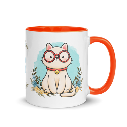 Personalized Monogram Mug 11oz | Cute Cat Wearing Glasses Floral Themed