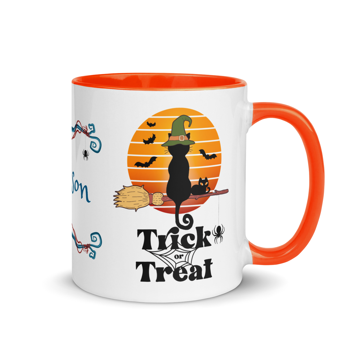 Add Your Name Coffee Mug 11oz | Trick or Treat Black Cat Broom Border