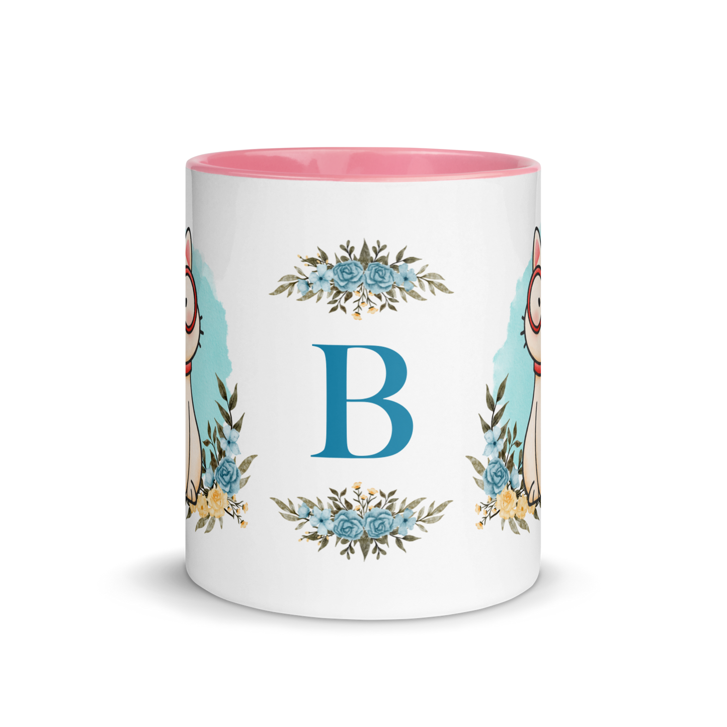 Monogramed Coffee Mug 11oz | Cute Cat Wearing Glasses Floral Themed