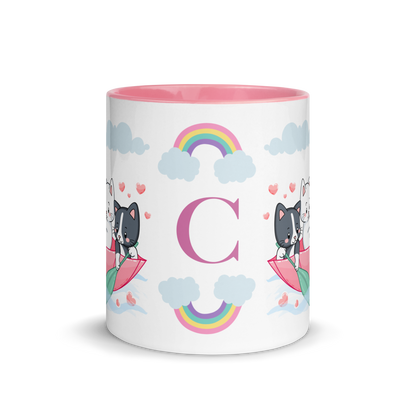 Personalized Monogram Mug 11oz | Cats in the Umbrella Boat with Hearts