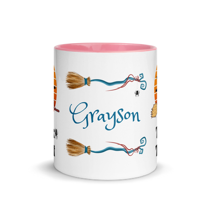 Personalized Coffee Mug 11oz | Trick or Traeat Black Cat Broom Border