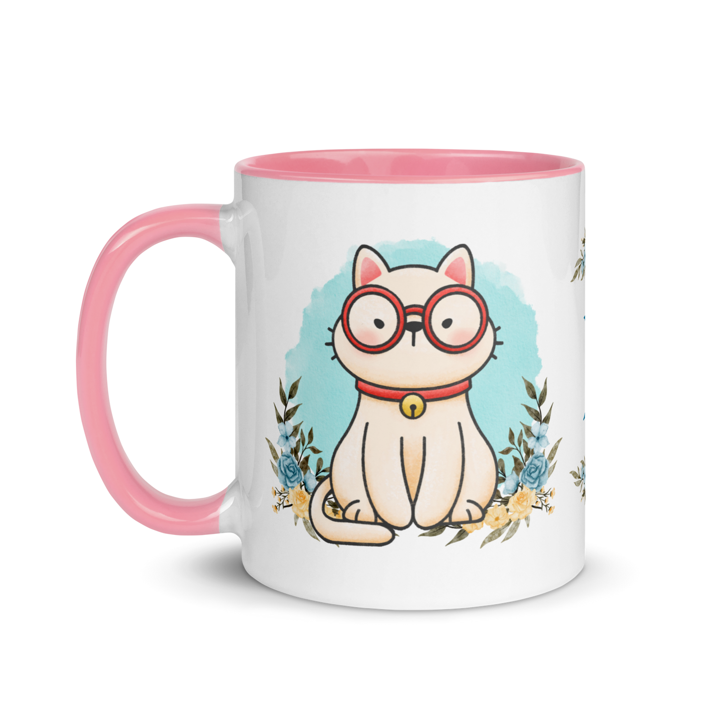 Monogramed Coffee Mug 11oz | Cute Cat Wearing Glasses Floral Themed