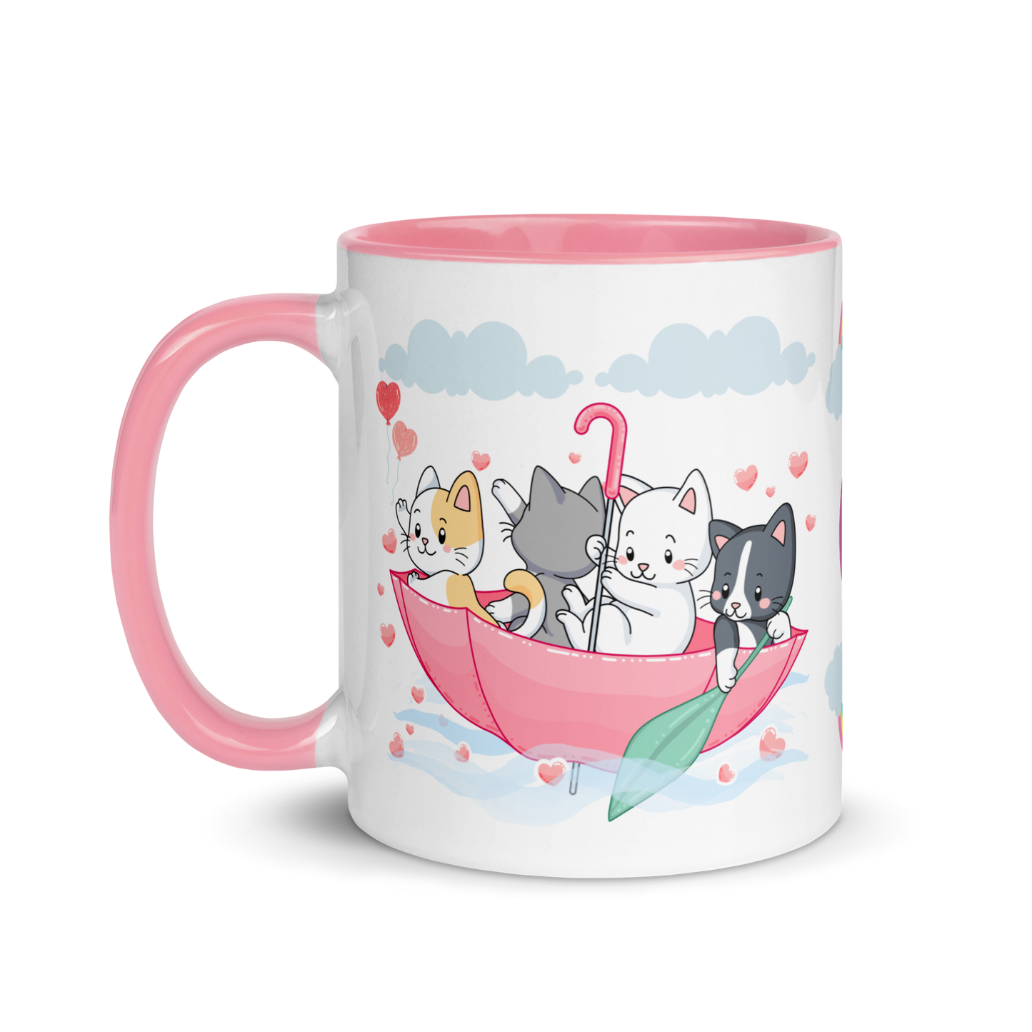 Monogramed Mug 11oz | Cats in the Umbrella Boat with Hearts