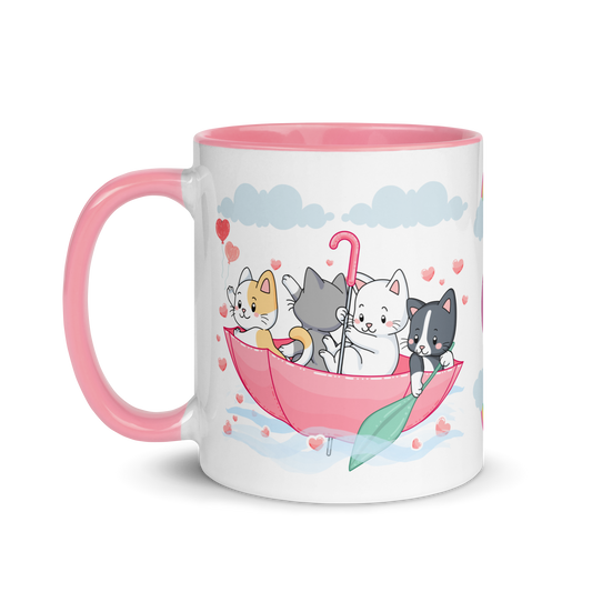 Personalized Monogram Mug 11oz | Cats in the Umbrella Boat with Hearts