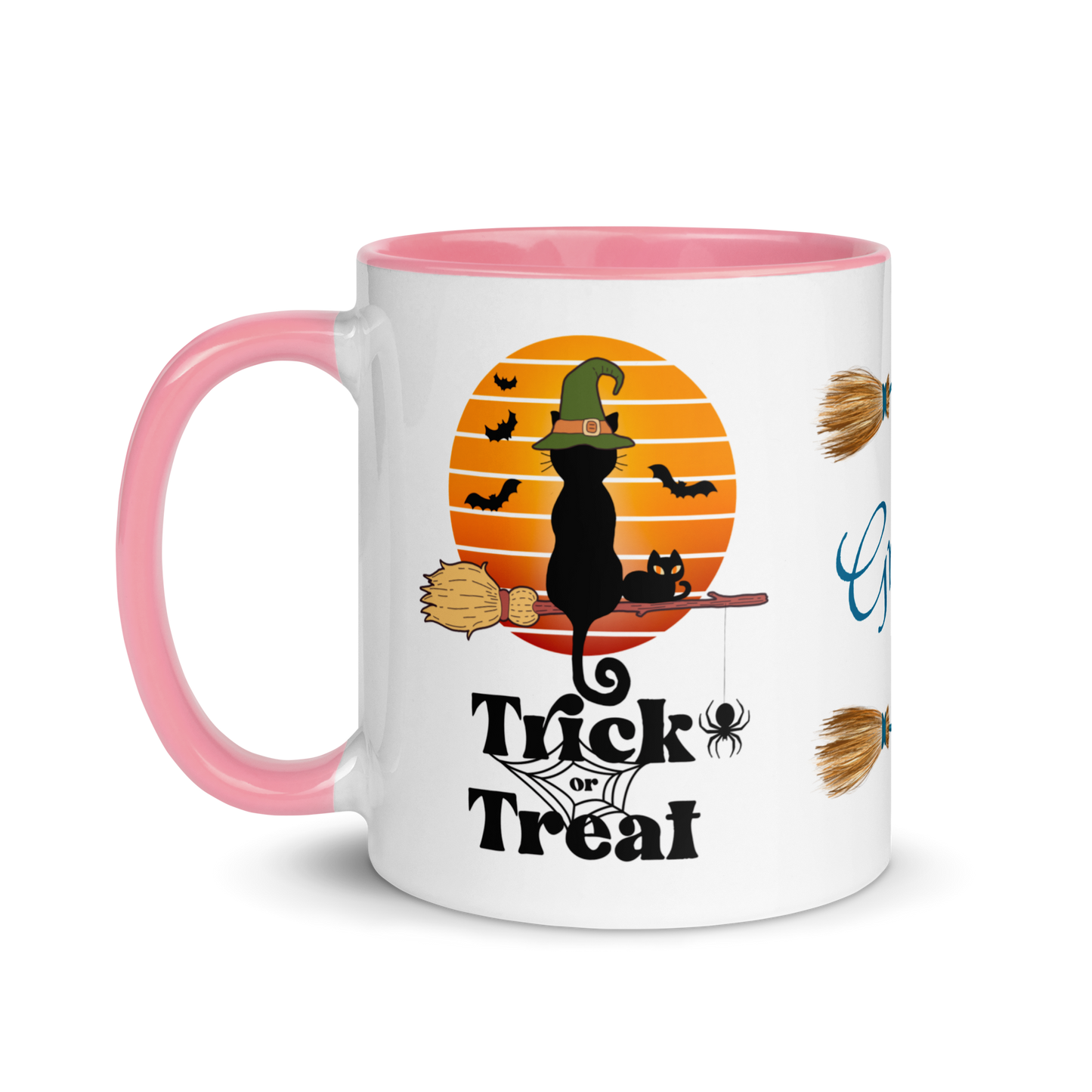 Add Your Name Coffee Mug 11oz | Trick or Treat Black Cat Broom Border