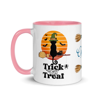 Personalized Coffee Mug 11oz | Trick or Traeat Black Cat Broom Border