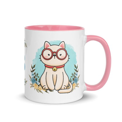 Personalized Monogram Mug 11oz | Cute Cat Wearing Glasses Floral Themed