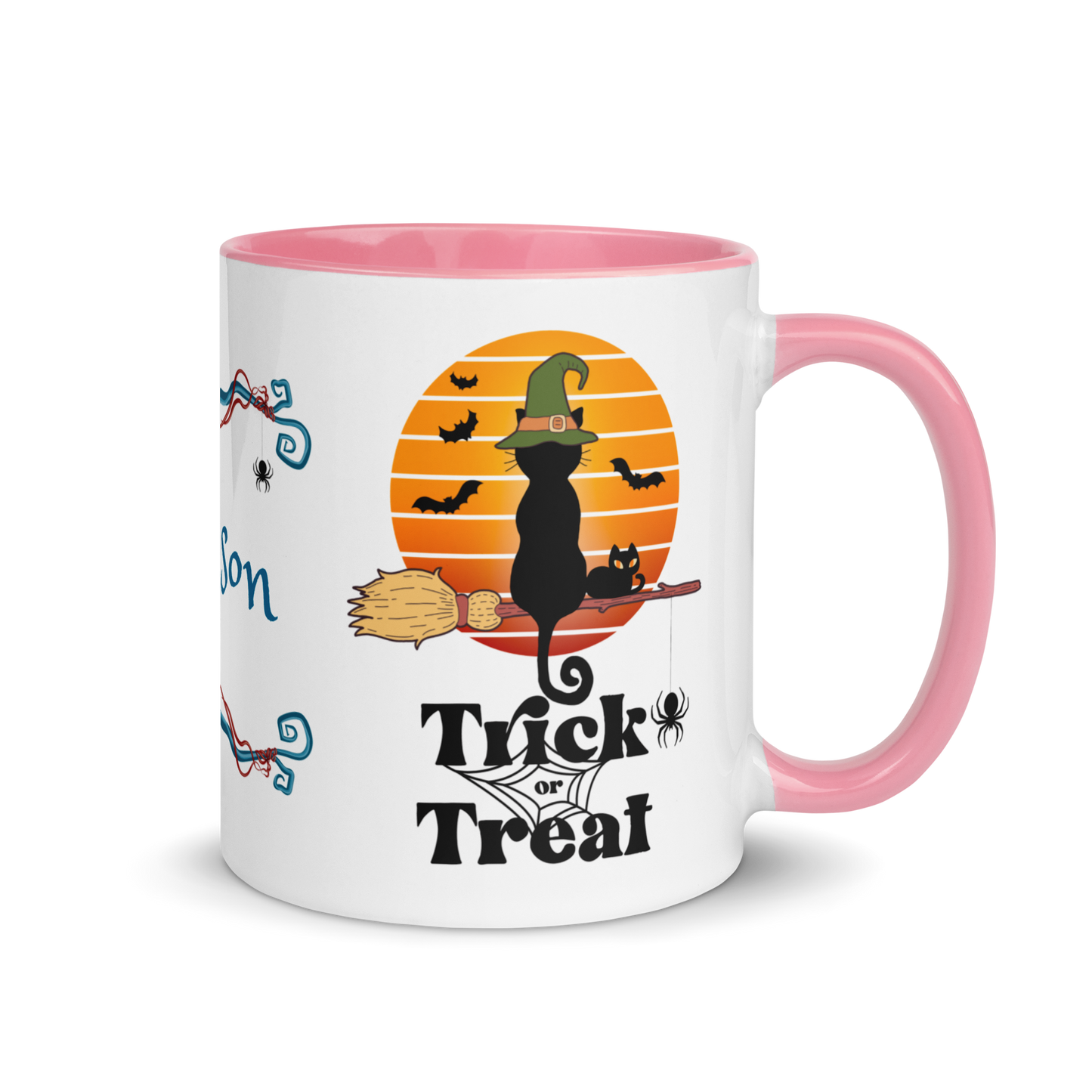 Add Your Name Coffee Mug 11oz | Trick or Treat Black Cat Broom Border