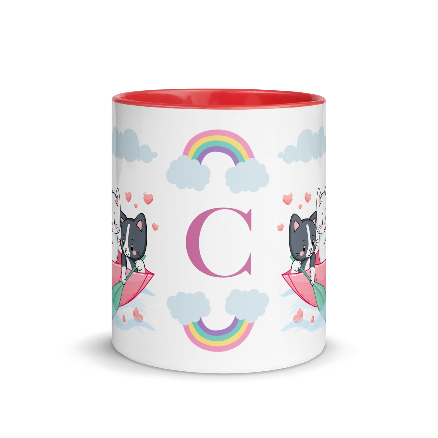 Monogramed Mug 11oz | Cats in the Umbrella Boat with Hearts