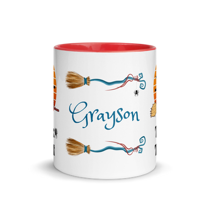 Personalized Coffee Mug 11oz | Trick or Traeat Black Cat Broom Border