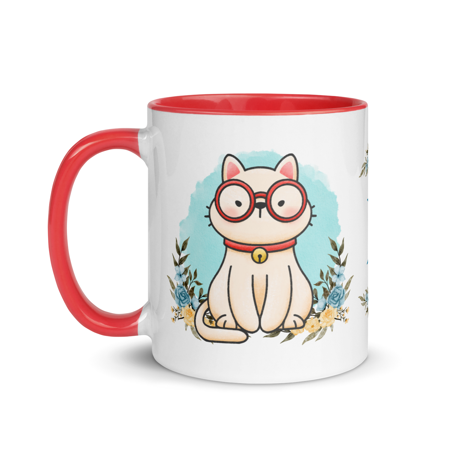 Personalized Monogram Mug 11oz | Cute Cat Wearing Glasses Floral Themed
