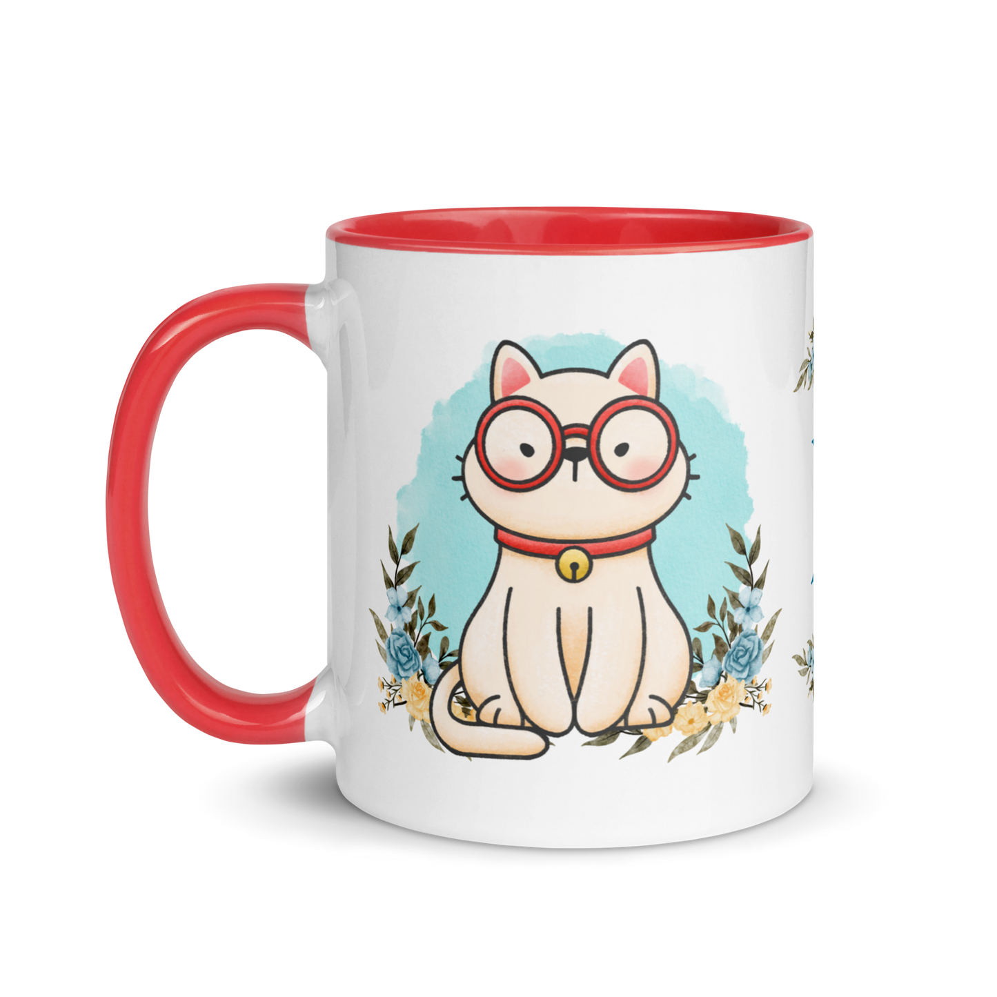 Monogramed Coffee Mug 11oz | Cute Cat Wearing Glasses Floral Themed