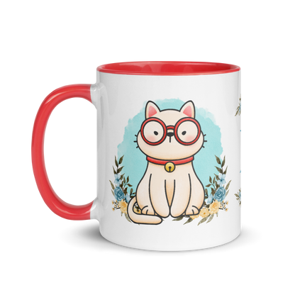 Personalized Monogram Mug 11oz | Cute Cat Wearing Glasses Floral Themed