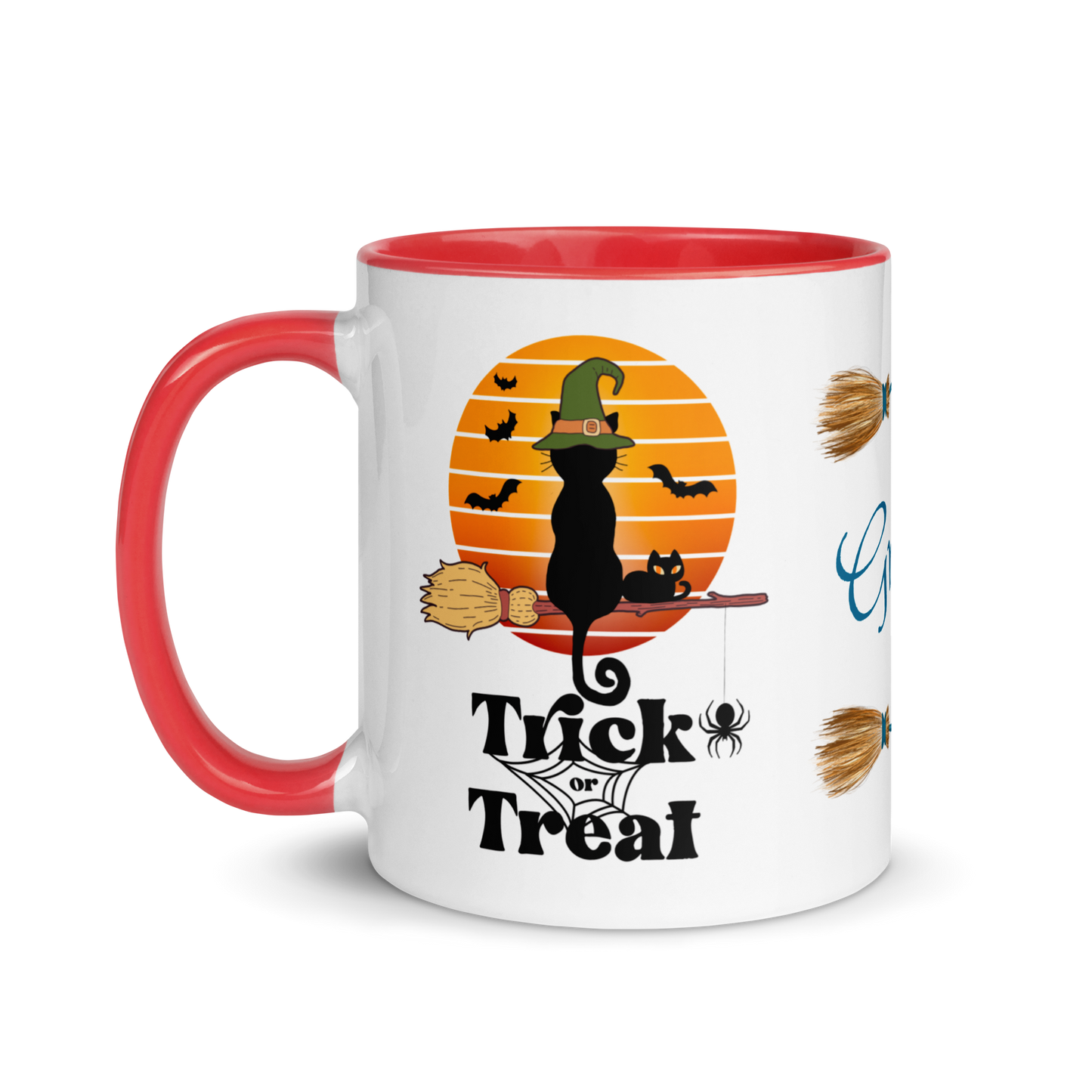 Add Your Name Coffee Mug 11oz | Trick or Treat Black Cat Broom Border